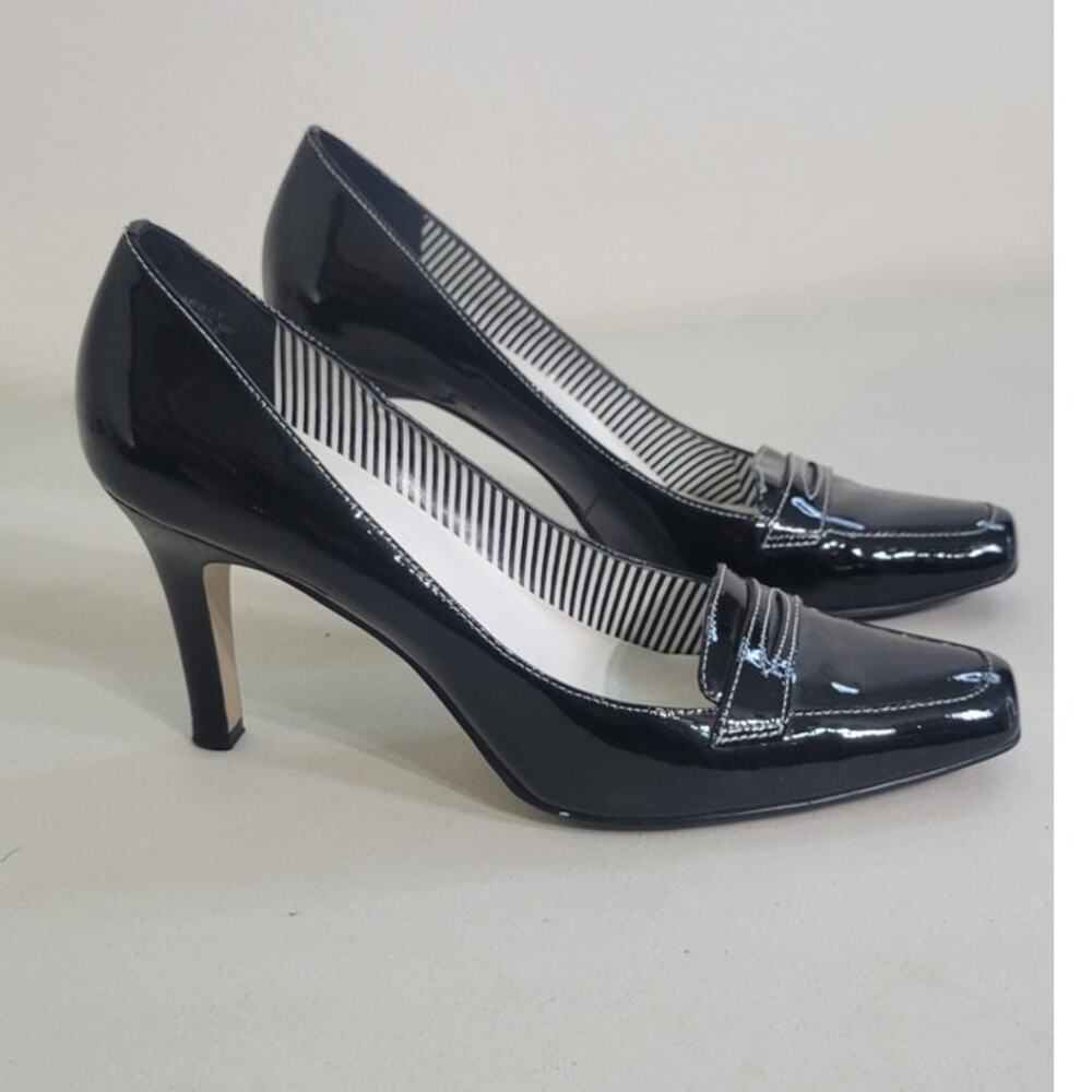 AK Anne Klein Heels 3.5 Inch Womens Size 8.5 Patten Leather Black Loafer Pumps